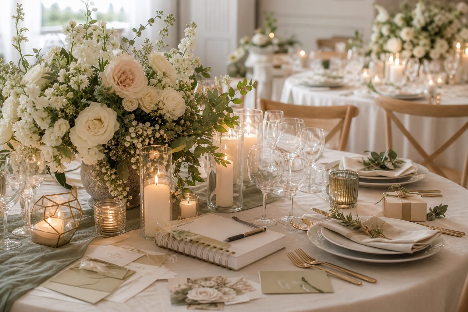 Elegant event table planning with flowers, candles and stationery